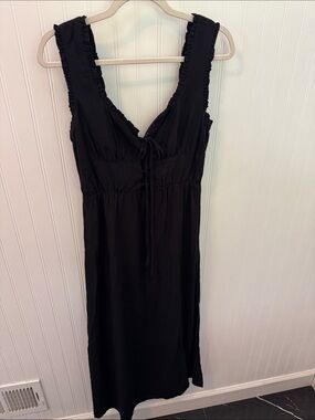 Black Ruffle-Trim Sleeveless Milk-Maid Midi Dress with Front Split